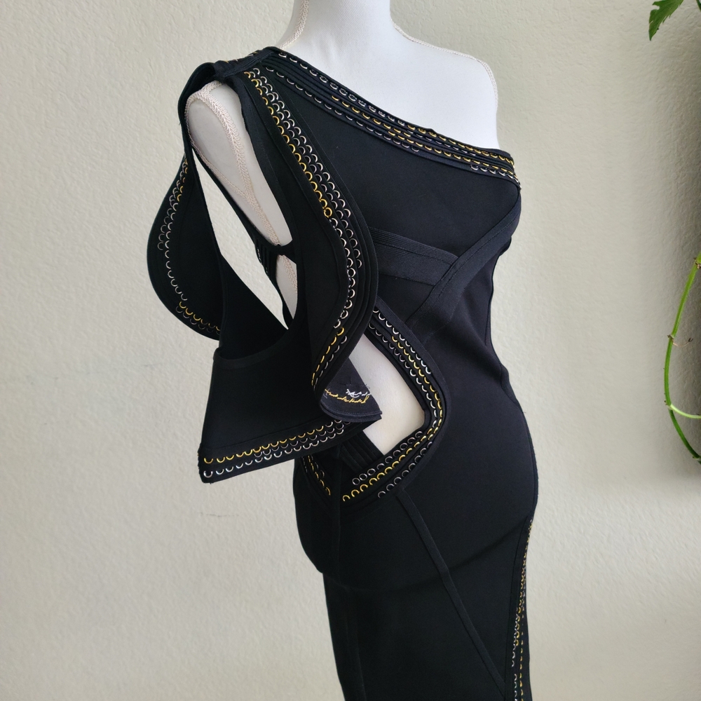 Herve Leger Black One-Shoulder Cutout Dress with Gold Trim - Picture 7 of 10